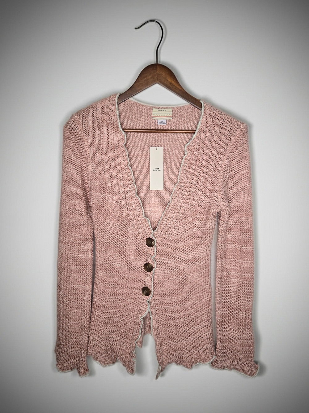 NWT Urban Outfitters Kimchi Blue Joel Longline Cardigan Pink Lettuce Trim Knit M